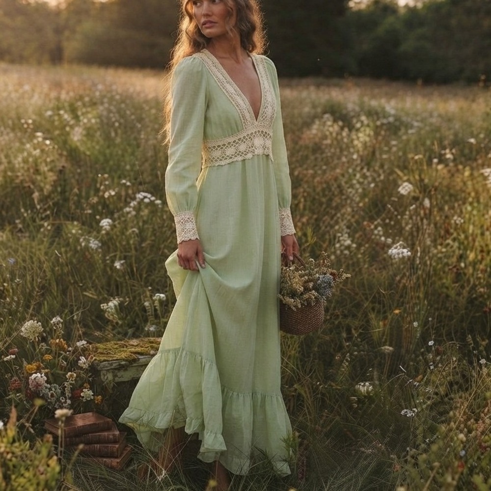 Gunne Sax by Jessica sage green Prairie Maxi Dress 70s Vintage Lace Cottage 11